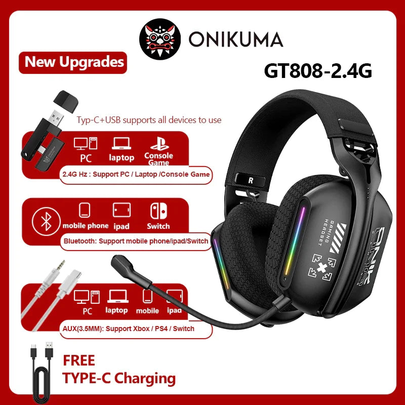 ONIKUMA GT808 Wireless Gaming Headset RGB Bluetooth 5.3 / 2.4G / 3.5mm with Mic