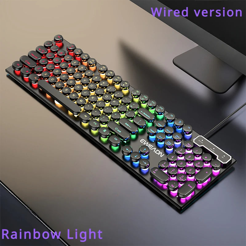 EWEADN Typewriter Gaming Keyboard, 104 Keys, Retro Punk Round Keycaps, Blue Backlight, USB Wired, for Windows PC/Laptop