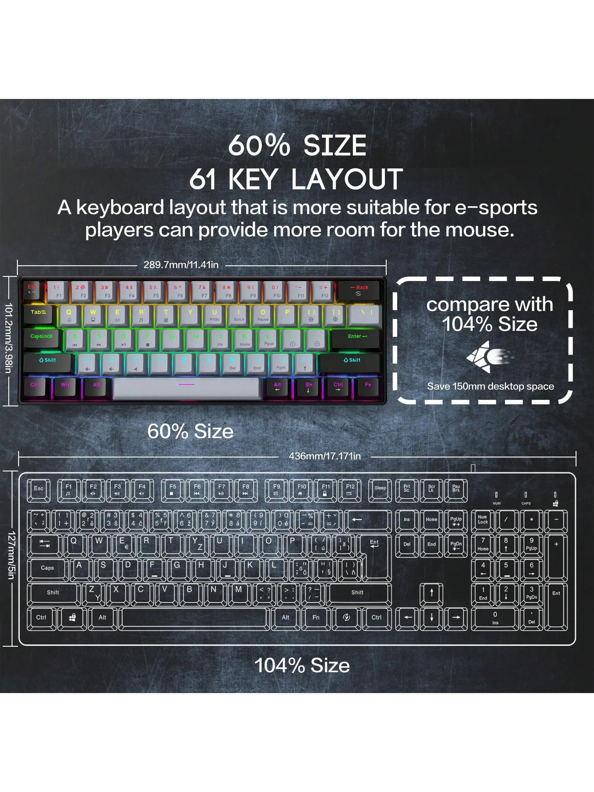 60% Wired Gaming Keyboard RGB Backlit, Compact Design for PC/Mac Gamers & Typists