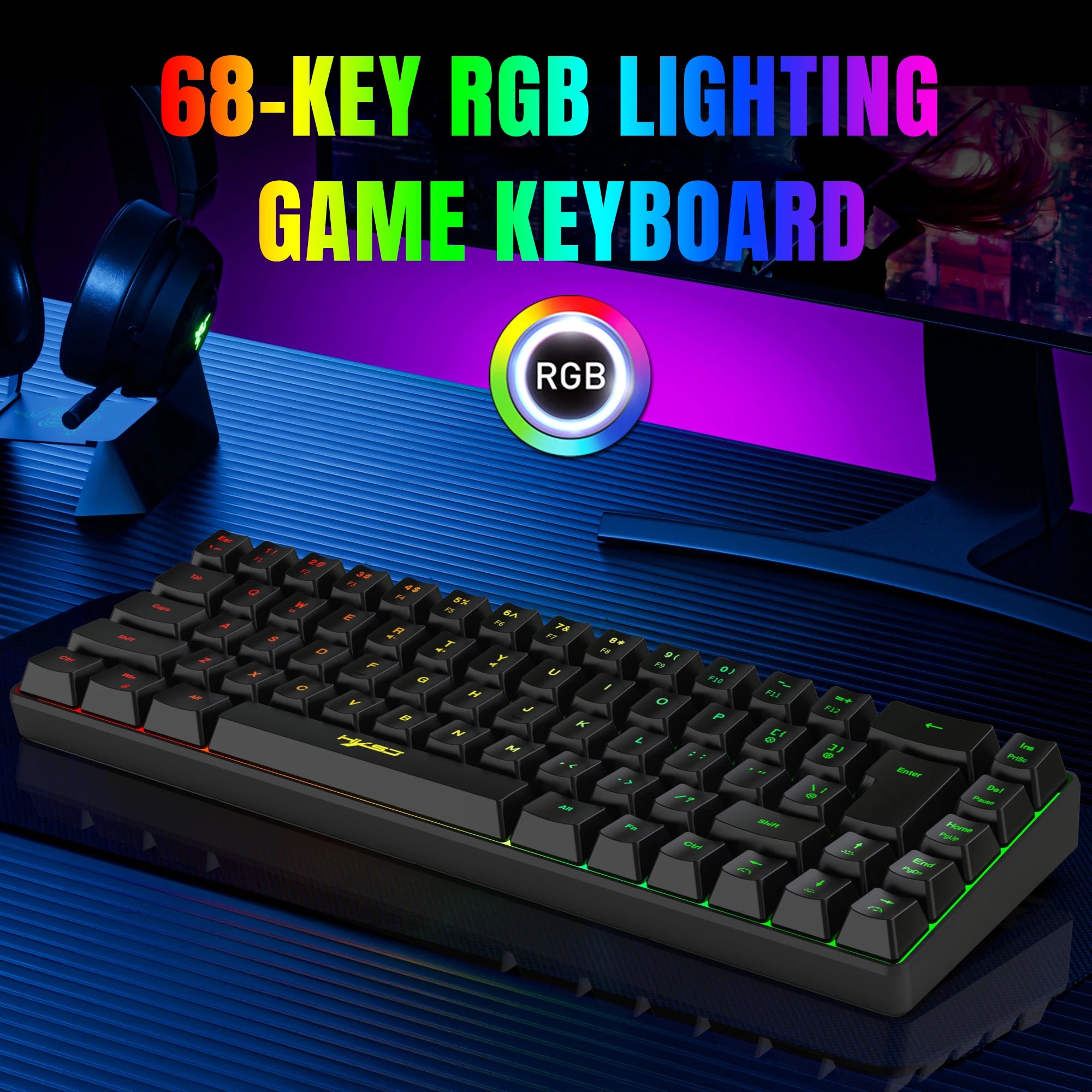 Keyboard 68 Keys RGB Backlight Small Portable Office Computer Membrane Keyboard For Windows Tablet Laptop Game