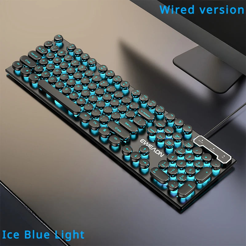EWEADN Typewriter Gaming Keyboard, 104 Keys, Retro Punk Round Keycaps, Blue Backlight, USB Wired, for Windows PC/Laptop