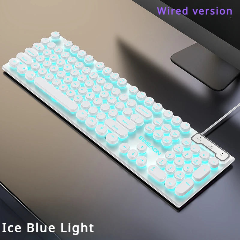 EWEADN Typewriter Gaming Keyboard, 104 Keys, Retro Punk Round Keycaps, Blue Backlight, USB Wired, for Windows PC/Laptop