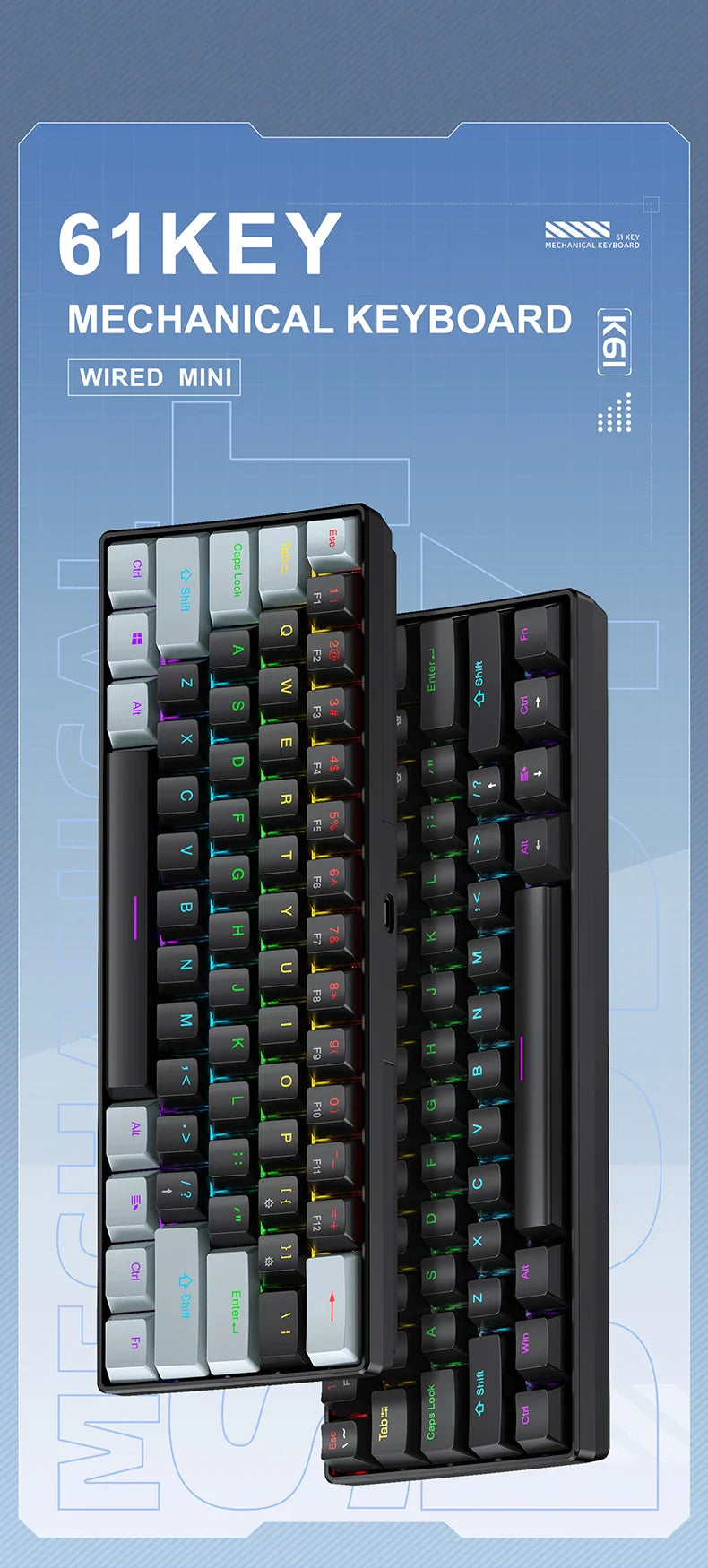APAYADO K61 60% Mini Gaming Keyboard RGB Wired 61-Key
